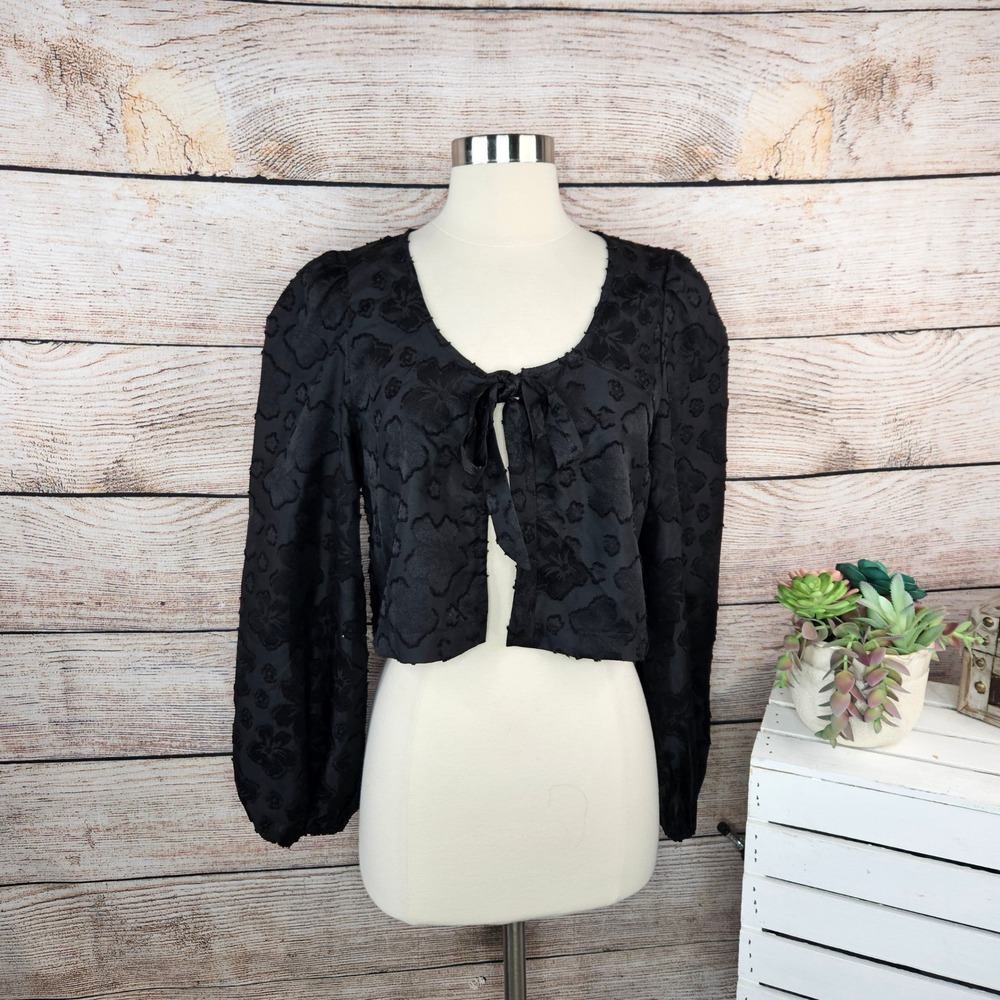 MABLE Black Floral Tie Front Crop Top Long Sleeve Blouse Size Small